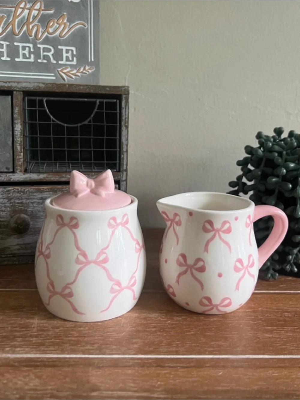 New Pink Bow Ceramic Sugar Bowl and Creamer